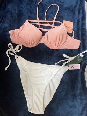 wild fable Pink Shimmer Bikini Top with White Tie-Side Bottoms